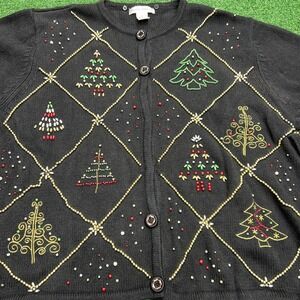 Vtg Draper's&Damon's Beaded Christmas Tree‎ Cardigan Sweater Black Womens XL